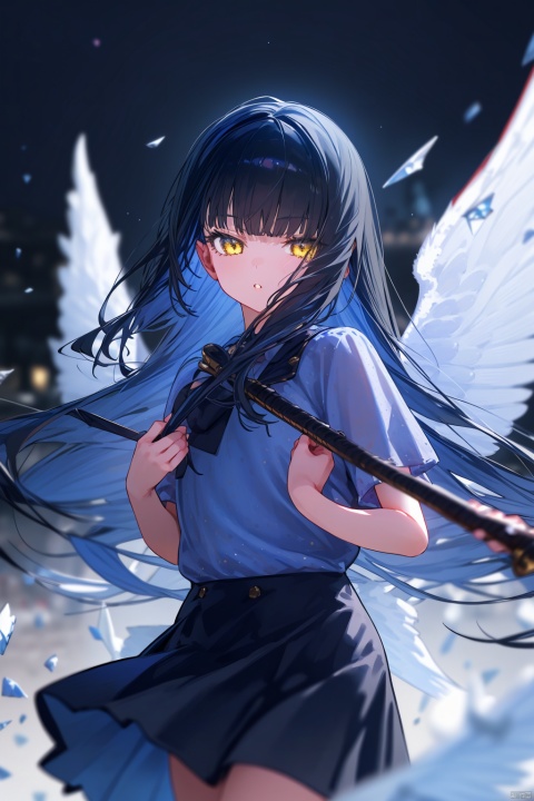  1girl, 1other, androgynous, solo, best quality, blurry background, looking at viewer, holding, parted lips, yellow eyes, long hair, blue hair, black hair, bangs, skirt, wings, blurry foreground, depth of field, motion blur, shards