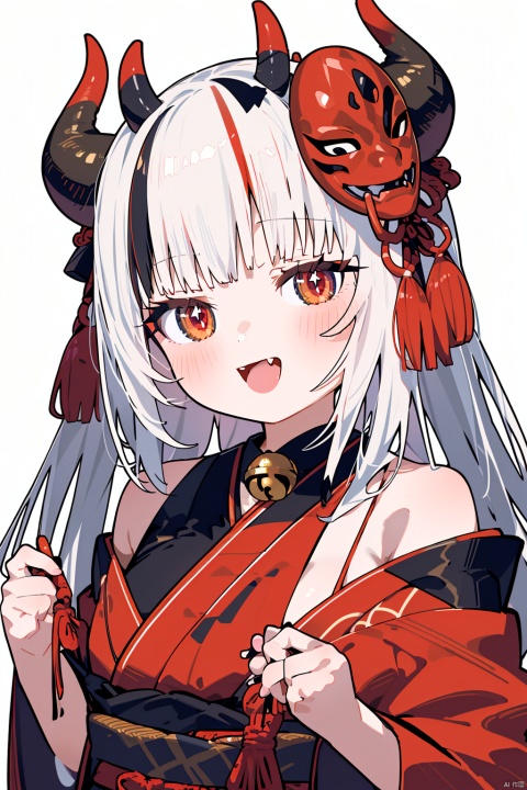  (best quality),(masterpiece),1girl, solo, bell, hair bell, virtual youtuber, nakiri ayame, long hair, horns, red eyes, hair ornament, double bun, hair bun, smile, mask, white hair, oni horns, oni mask, upper body, multicolored hair, blush, white background, open mouth, jingle bell, japanese clothes, mask on head, red hair, bare shoulders, kimono, simple background, streaked hair, holding, off shoulder, bangs, :d, tassel, oni, breasts, fang