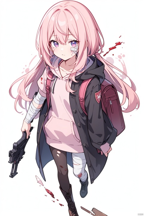  1girl, solo, best quality, white background, simple background, full body, looking at viewer, holding, long hair, pink hair, blood on face, blood on clothes, blood stain, bruise, bandaid, scar, blood on hands, bandaged leg, pantyhose, boots, torn clothes, black footwear, cloak, hoodie, hood up, backpack, gun, bandaged arm, cuts, bleeding, bandaged hand, sarashi, bandaged head