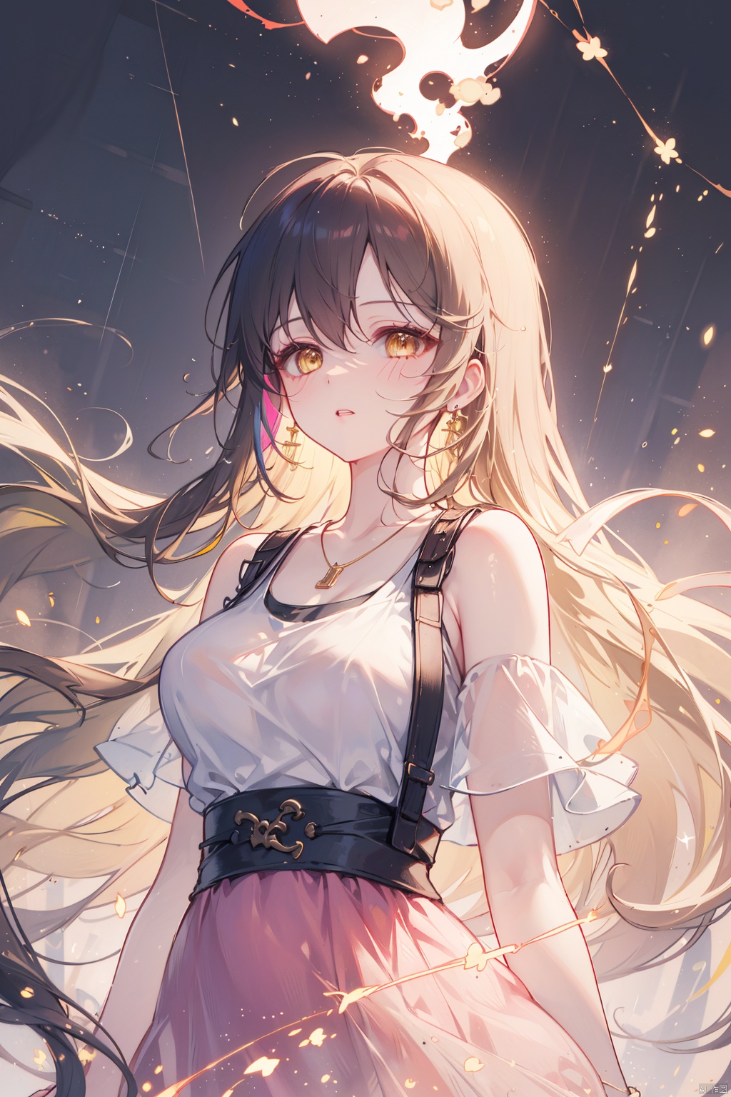 1girl,Bangs, off shoulder, colorful_hair, ((colorful hair)),golden dress, yellow eyes, chest, necklace, pink dress, earrings, floating hair, jewelry, sleeveless, very long hair,Looking at the observer, parted lips, pierced,energy,electricity,magic,tifa,sssr,blonde hair,jujingyi, wangyushan, dofas, forehead mark, (\yan yu\),rainning