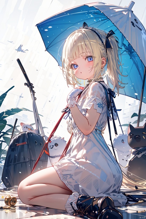  (best quality),(masterpiece),1girl, solo, ribbon, choker, blonde_hair, umbrella, side_ponytail, hairband, blue_eyes, single_glove, sitting, hair_ribbon, short_hair, black_choker, dress, gloves, wariza, blush, white_background, closed_umbrella, looking_at_viewer, boots, white_dress