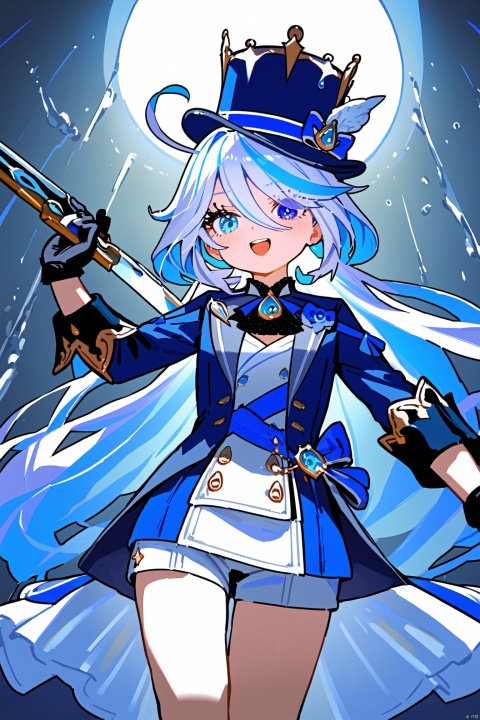 1girl, furina_\(genshin_impact\), solo, blue_headwear, top_hat, blue_eyes, hat, blue_hair, blue_jacket, looking_at_viewer, jacket, sword, smile, long_hair, weapon, open_mouth, holding, holding_sword, gloves, holding_weapon, multicolored_hair, hair_between_eyes, long_sleeves, heterochromia, ahoge, drop-shaped_pupils, black_gloves, streaked_hair, white_gloves, water, light_blue_hair, mismatched_pupils, white_hair