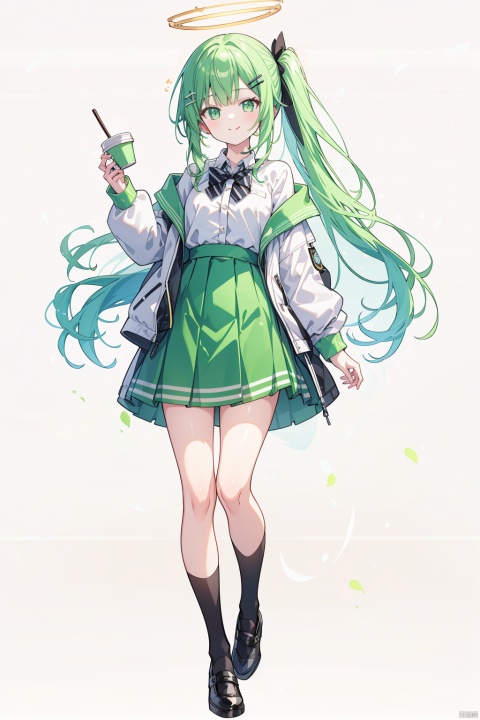  (best quality),(masterpiece),1girl, green eyes, halo, solo, multicolored hair, white background, holding, full body, long hair, green hair, simple background, black footwear, disposable cup, open clothes, skirt, very long hair, hair ornament, bangs, hairclip, long sleeves, smile, shoes, white shirt, holding cup, jacket, standing, shirt, looking at viewer, streaked hair, puffy long sleeves, choker, green skirt, closed mouth, open jacket, socks, black choker, puffy sleeves, collared shirt, cup, off shoulder, tongue out, white socks, black bow, pleated skirt, dress, green jacket, ponytail, one side up