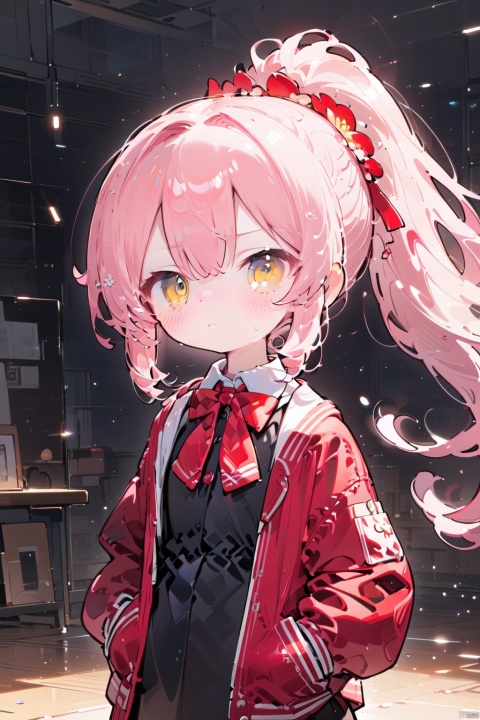 (best quality), (masterpiece),(loli),(petite),Pink hair,Yellow eyes, (red Jacket),high ponytail,white collared shirt,hair flower,fipped hair,floating hair,Frown,hands in pockets,black dress,red bowtie