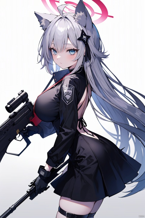  (best quality),(masterpiece),1girl, weapon, shiroko \(blue archive\), gun, solo, animal ears, breasts, long hair, halo, gloves, assault rifle, rifle, extra ears, black gloves, blue eyes, sig sauer, looking at viewer, v, long sleeves, hair ornament, grey hair, wolf ears, animal ear fluff, very long hair, large breasts, from side, ahoge, black dress, thigh strap, backless outfit, dress, cosplay