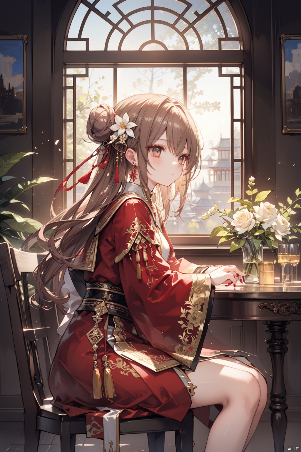  (best quality),(masterpiece),1girl, solo, flower, hair ornament, hair flower, dress, brown hair, red dress, candle, brown eyes, sitting, hair bun, jewelry, earrings, long sleeves, window, chinese clothes, table, from side, white flower, indoors, single hair bun, lattice, chair, round window, closed mouth, sidelocks, red nails, wide sleeves, nail polish, long hair, board game, tassel