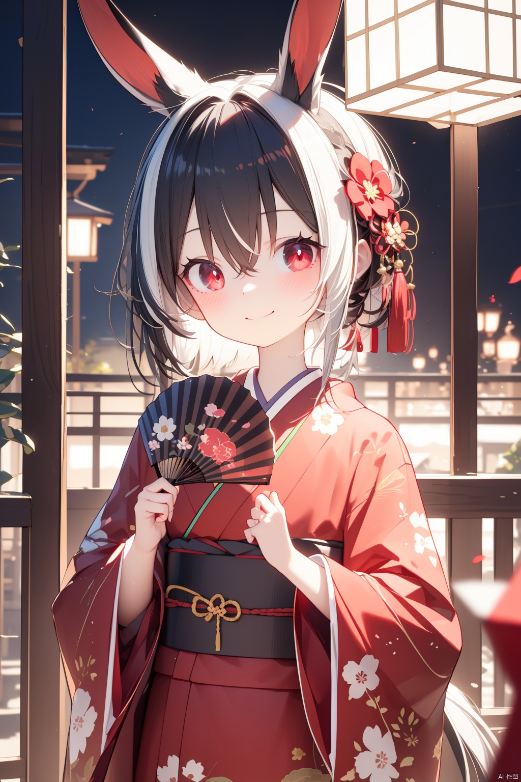 japanese clothes, kimono, animal ears, hand fan, red eyes, multicolored hair, paper fan, smile, sash, looking at viewer, solo focus, black hair, blurry background, holding, obi, blurry, red kimono, uchiwa, white hair, horse ears, blush, hair ornament, hair between eyes, streaked hair, holding fan, floral print, closed mouth, wide sleeves, long sleeves, short hair, rabbit ears, multiple girls, two-tone hair, horse girl, night, outdoors, 1girl, fake animal ears