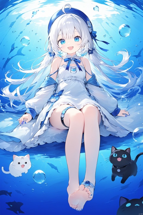 1girl, barefoot, blue_eyes, blue_nails, nail_polish, feet, dress, smile, cat, toes, long_hair, blue_hair, toenail_polish, white_dress, looking_at_viewer, sitting, breasts, toenails, white_hair, multicolored_hair, open_mouth, bangs, :d, solo, legs, hat, thigh_strap, water, bare_legs, ahoge, bubble, white_headwear, soles, bare_shoulders