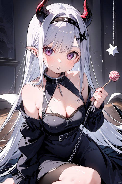  1girl, food, horns, candy, lollipop, solo, chain, long_hair, pointy_ears, wings, holding_candy, holding_lollipop, piercing, breasts, demon_horns, sitting, very_long_hair, holding_food, demon_wings, tail, holding, dress, bare_shoulders, looking_at_viewer, grey_hair, ear_piercing, blurry_foreground, long_sleeves, bug, hairband, collar, hair_ornament, bangs