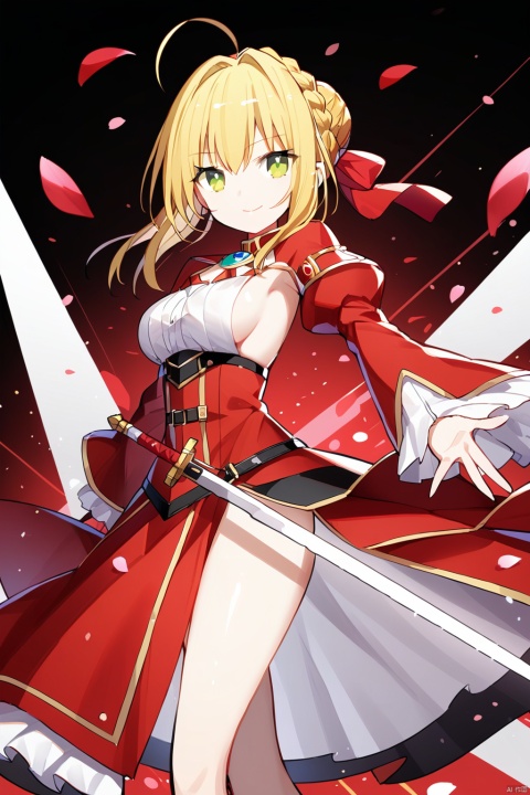 (best quality),(masterpiece),1girl, nero_claudius_(fate), nero_claudius_(fate/extra), solo, blonde_hair, green_eyes, weapon, sword, ahoge, breasts, dress, holding_sword, petals, holding_weapon, red_dress, holding, braid, long_sleeves, hair_bun, wide_sleeves, medium_breasts, single_hair_bun, sideboob