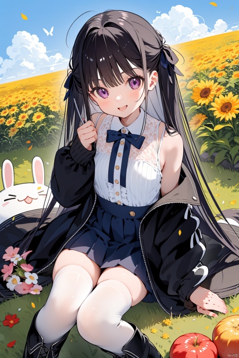 multiple_girls, 2girls, outdoors, long_hair, smile, red_eyes, butterfly, black_hair, purple_eyes, boots, day, :d, bug, long_sleeves, hair_over_one_eye, flower, sleeves_past_wrists, animal, food, closed_mouth, lace-up_boots, very_long_hair, thighhighs, white_shirt, white_hair, black_footwear, bangs, shirt, cross-laced_footwear, picnic, skirt, ahoge, sandwich, hair_ornament, holding, jacket, fruit, open_mouth, sitting, petals, red_flower, ribbon, cat, rabbit, blush, off_shoulder, looking_at_viewer, cup, hair_ribbon, sleeves_past_fingers, dress, frills, black_jacket, grass, bow