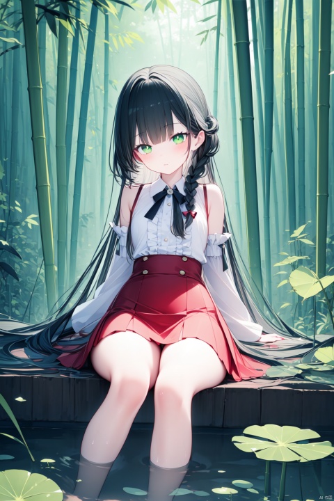  (masterpiece),(best quality),1girl, solo, green eyes, sitting, water, long hair, braid, outdoors, red skirt, feet out of frame, frills, skirt, detached sleeves, looking at viewer, nature, black hair, bangs, day, bamboo, nail polish, closed mouth, soaking feet, plant, bamboo forest, long sleeves, forest, wide sleeves, blush, breasts, leaf, lily pad, thighs, high-waist skirt, white sleeves