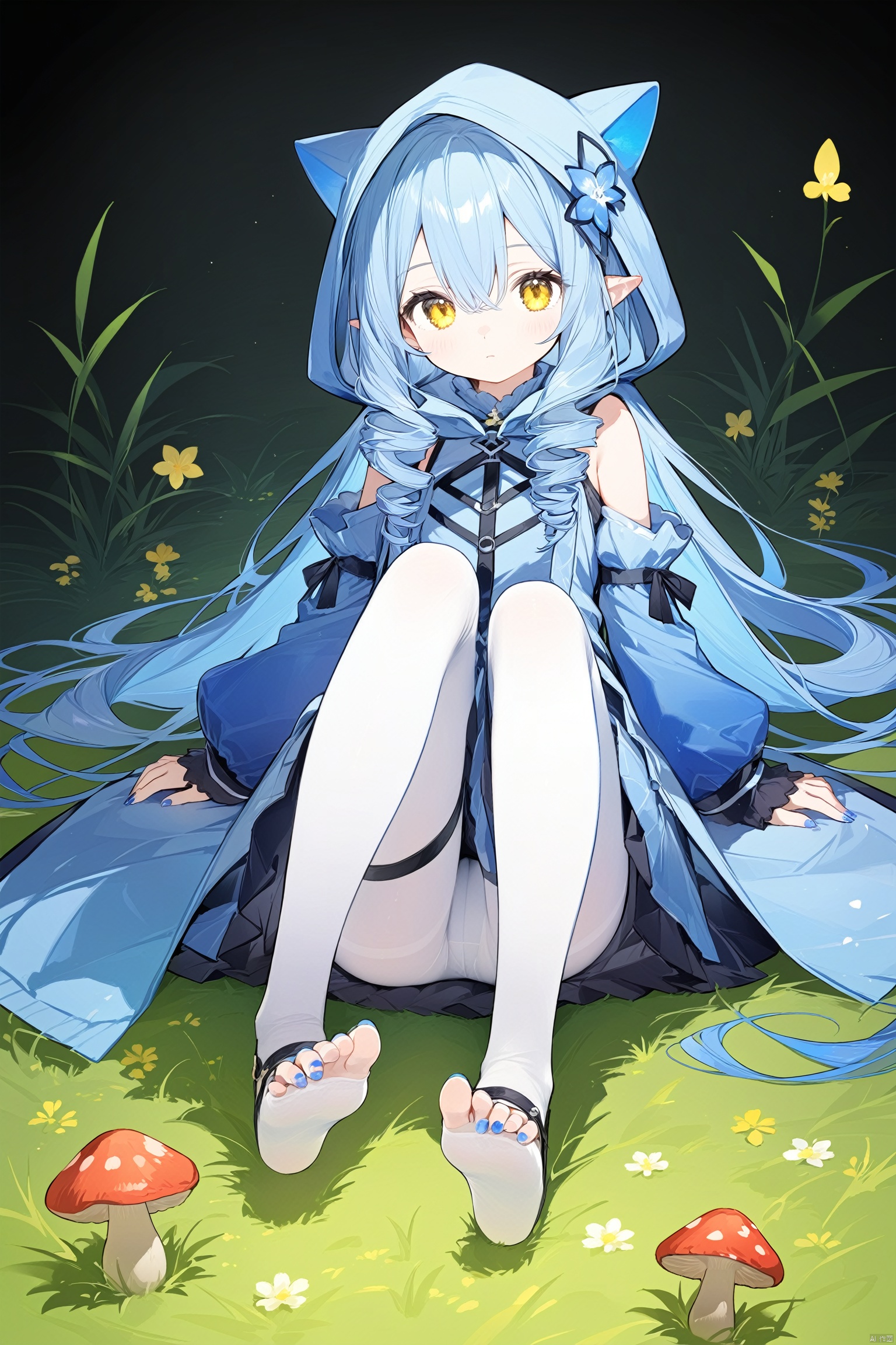 1girl, solo, long_hair, feet, blue_hair, pantyhose, mushroom, hood, gloves, toes, toenail_polish, no_shoes, detached_sleeves, looking_at_viewer, bare_shoulders, black_gloves, very_long_hair, yellow_eyes, long_sleeves, grass, blue_sleeves, puffy_sleeves, hair_between_eyes, nail_polish, toenails, bangs, thighlet, drill_locks, white_pantyhose, toeless_legwear, hood_up, legs, drill_hair, white_background, soles, juliet_sleeves, sitting, backless_outfit, pointy_ears, full_body, closed_mouth, blue_nails, stirrup_legwear