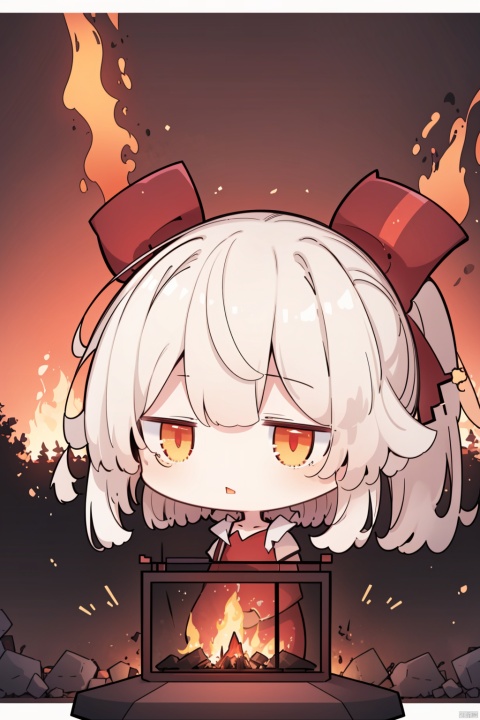  1girl, 1boy, fujiwara no mokou, solo, pseudo impasto, best quality, red theme, upper body, male focus, looking at viewer, parted lips, orange eyes, heterochromia, red eyes, white hair, fiery hair, blood on face, collarbone, blood splatter, burnt clothes, flaming sword, fiery wings, white camisole, burning, flame, explosion, breathing fire, molten rock, embers, pyrokinesis, campfire, sparks, sunset, torch, fireplace, orange sky, smoke, firing