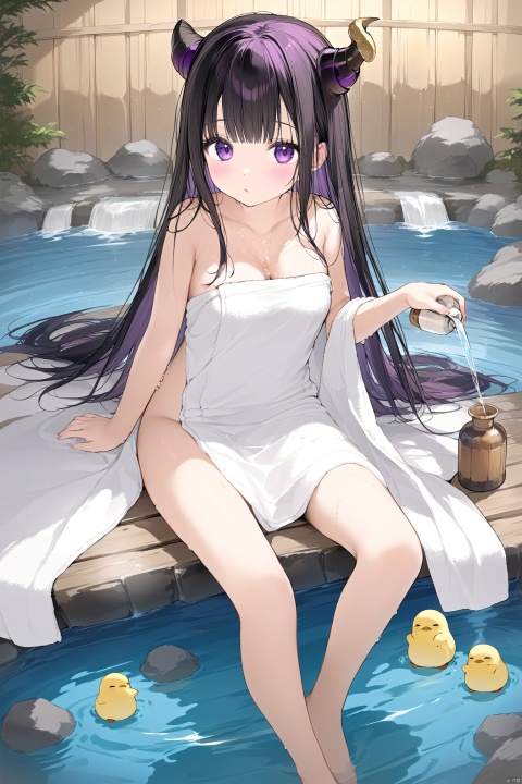 1girl, feet, toes, towel, horns, purple_eyes, breasts, water, pouring_onto_self, barefoot, black_hair, long_hair, solo, manjuu_\(azur_lane\), looking_at_viewer, naked_towel, bottle, pouring, sitting, onsen, wet, holding, armpits