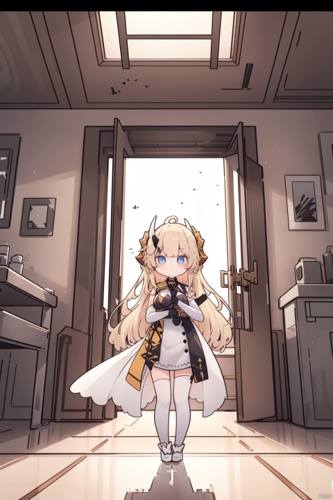 1girl, solo, best quality, aesthetic, detailed, full body, standing, holding weapon, holding scythe, horns, blonde hair, very long hair, bangs, breasts, veil, white dress, white footwear, white thighhighs, high heel boots, elbow gloves, bird, indoors, letterboxed