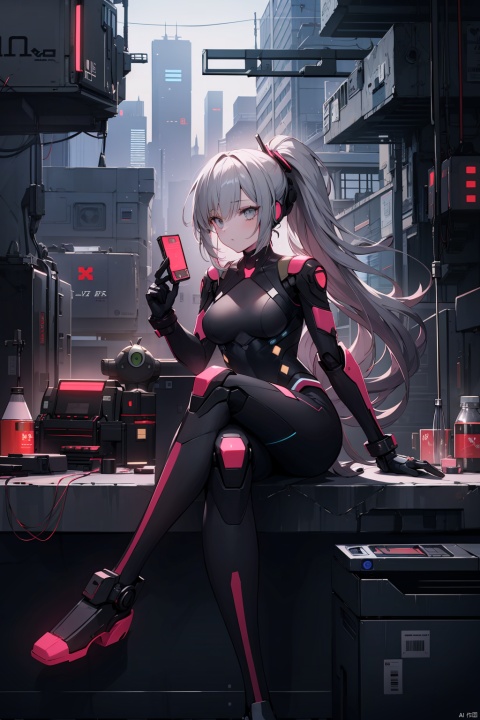  (best quality),(masterpiece),1girl, crossed legs, long hair, breasts, solo, sitting, barcode, ponytail, grey hair, barcode tattoo, android, cyberpunk, joints, medium breasts, bodysuit, bangs, robot joints