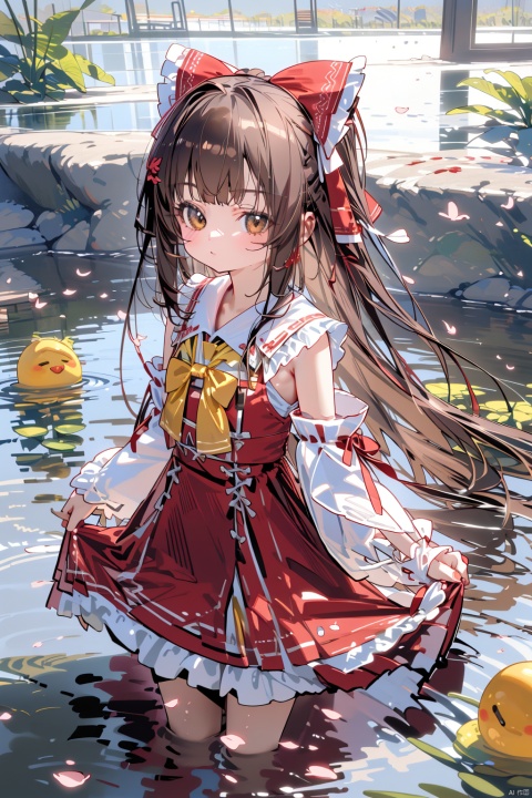 1girl, bow, solo, long hair, hakurei reimu, skirt, detached sleeves, red skirt, red bow, hair tubes, brown hair, hair bow, skirt hold, frills, yellow bow, yellow bowtie, frilled bow, wide sleeves, looking at viewer, bangs, ribbon trim, bowtie, brown eyes, wading, ribbon-trimmed sleeves, frilled hair tubes, cherry blossoms, closed mouth, sidelocks, water, shirt, red shirt, night