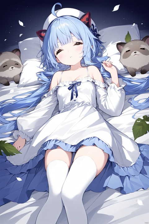 sleeping, blue_hair, multiple_girls, 3girls, closed_eyes, horns, long_hair, ganyu_(genshin_impact), breasts, thighhighs, ahoge, white_dress, bangs, dress, lying, leaf_on_head, very_long_hair, petals, bare_shoulders, cleavage, leaf, on_back, on_side, parted_lips, long_sleeves, bed_sheet, white_headwear, medium_breasts, white_thighhighs, drill_hair, sidelocks, short_hair, blunt_bangs, hair_between_eyes, pillow, closed_mouth, zettai_ryouiki, off_shoulder, frills, large_breasts, animal_ears, raccoon_ears, feet_out_of_frame, blush, on_bed, strap_slip, twintails, pointy_ears, off-shoulder_dress, hat