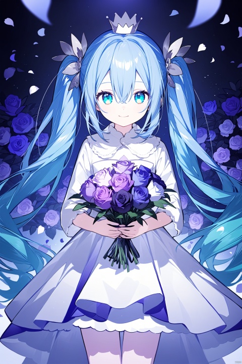 1girl, solo, flower, bouquet, hatsune_miku, holding_bouquet, crown, dress, long_hair, rose, blue_eyes, smile, twintails, looking_at_viewer, white_dress, purple_flower, holding, petals, very_long_hair, blue_flower, closed_mouth, blue_hair, blue_rose, hair_between_eyes, hair_ornament, purple_rose