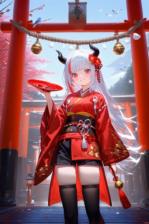 1girl, red_eyes, shide, bottle, flower, solo, white_hair, hair_ornament, holding, bird, bell, thighhighs, shorts, shimenawa, red_flower, hair_bell, black_shorts, looking_at_viewer, holding_bottle, breasts, wide_sleeves, horns, smile, lantern, outdoors, rope, cup, sakazuki, signature, black_thighhighs, multicolored_hair, food, jingle_bell, red_hair, long_sleeves, japanese_clothes, sake_bottle, torii, holding_cup