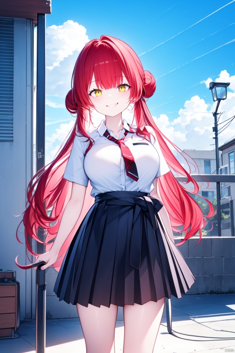  (masterpiece),(best quality),1girl, solo, houshou marine, skirt, yellow eyes, necktie, shirt, v, red eyes, virtual youtuber, red hair, white shirt, heterochromia, smile, double v, hair bun, outdoors, looking at viewer, school uniform, white socks, clothes around waist, long hair, pleated skirt, twintails, breasts, bangs, blush, socks, short sleeves, sky, double bun, striped necktie, blue skirt, shoes, collared shirt, cloud, grin, large breasts, black footwear, sweater, v over eye, blue sky, loafers, standing, sweater around waist, cowboy shot