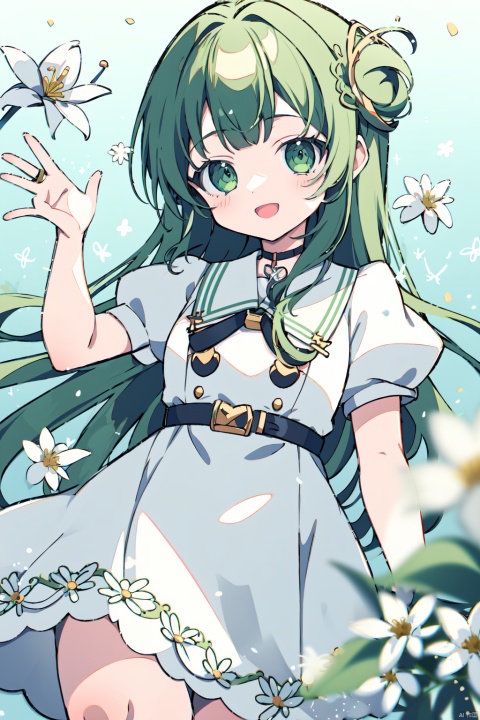 1girl, flower,white dress, solo, green hair, long hair, smile, open mouth, looking at viewer, bangs, white flower, green eyes,