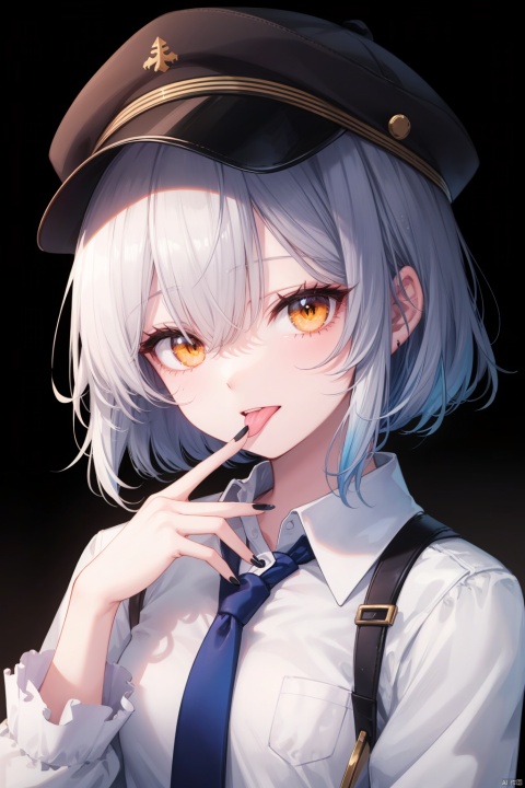  1girl, solo, best quality, white background, simple background, looking at viewer, tongue out, orange eyes, yellow eyes, hair between eyes, grey hair, multicolored hair, bangs, white shirt, collared shirt, hat, black necktie, long sleeves, nail polish, orange nails, yellow nails, blue nails, black nails, hand up