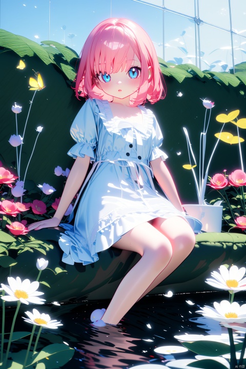  (best quality),(masterpiece),(masterpiece, best quality:1.2), illustration, absurdres, highres, extremely detailed, 1 girl, white short hair, eye highlights, dress, short puffy sleeves, frills, outdoors, flower, fluttering petals, full body, depth of field,chromatic aberration abuse,pastel color, Depth of field,garden of the sun,shiny,flowers, garden, 1girl, butterfly style, butterflies, ultra detailed, glary,Light, light particles,glitter,reflect,Put one hand on your chest,C4D,3D,bright,outdoors,gifts,candys,More details,flower ocean,winter,snowflakes,splashing water,falling petals,beautiful and delicate water,((beautiful eyes)),very delicate light,perfect and delicate limbs,nature,painting,water spray,fine luminescence,very fine 8K CG wallpaper,Lavender eyes,pink pupils,whole body,bright eyes,(an extremely delicate and beautiful girl:1.4),big eyes,eye highlights,watery eyes,looking_at_viewer,outdoors,look at the screen,Touching,
