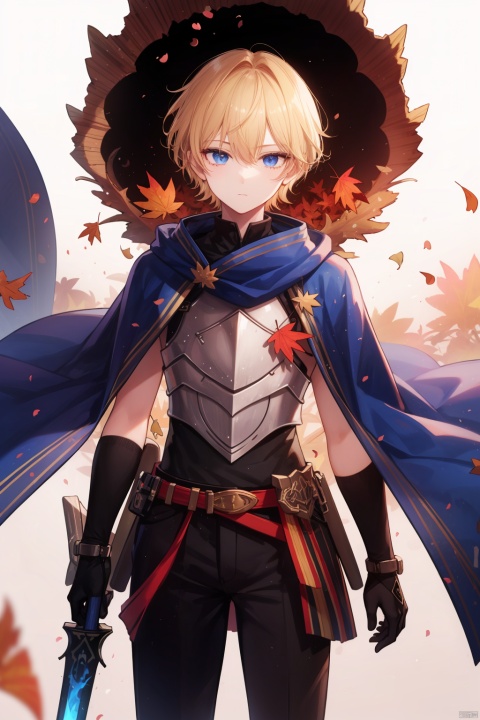  1boy, solo, best quality, white background, simple background, male focus, falling leaves, falling petals, standing, blonde hair, helmet, blue cape, armor, vertical stripes, flaming sword, rose petals, embers, leaves in wind, autumn leaves, burning, confetti, flame, debris, petals on liquid, molten rock, shards, ginkgo leaf