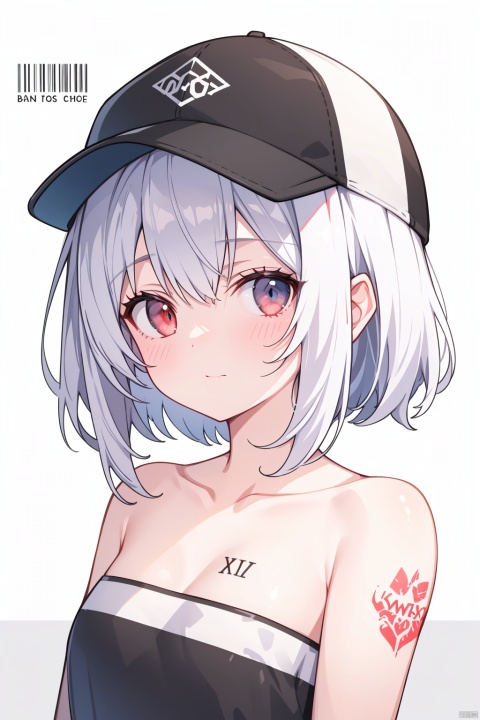  1girl, solo, best quality, white background, simple background, upper body, looking at viewer, red eyes, grey eyes, heterochromia, white hair, short hair, small breasts, barcode tattoo, clothes writing, baseball cap, bare shoulders, pseudo-impasto, black headwear, english text on skin, english text on body, strapless, body writing
