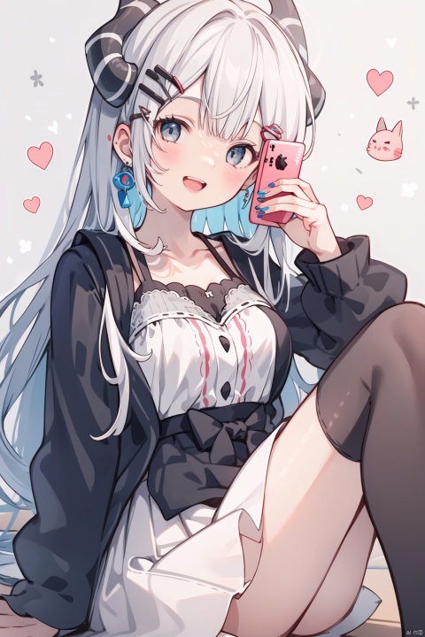  1girl, solo, best quality, detailed, white background, looking at viewer, sitting, looking at phone, holding phone, holding card, smile, single horn, open mouth, upper teeth only, grey eyes, eyebrows visible through hair, long hair, white hair, hairclip, bangs, medium breasts, collarbone, shirt, white thighhighs, white skirt, asymmetrical legwear, dress, long sleeves, jewelry, fishnets, puffy sleeves, blue nails, nail polish, stuffed animal, emoji, iphone, cellphone picture, taking picture, halterneck, handheld game console