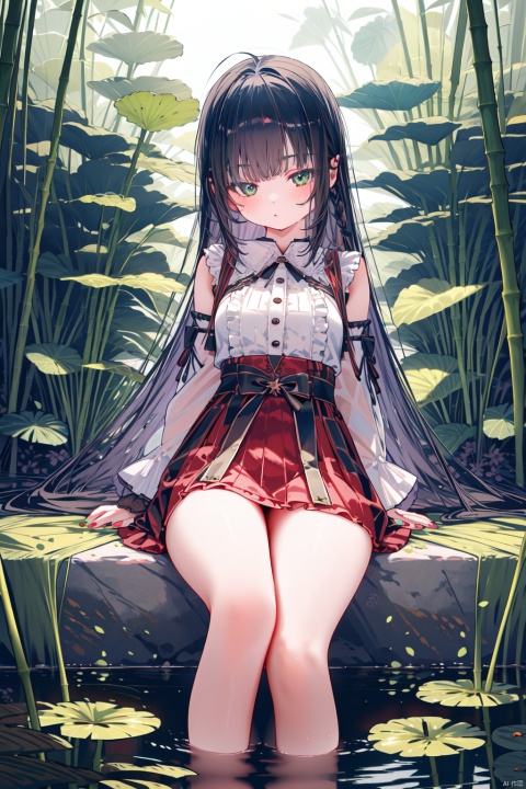  (masterpiece),(best quality),1girl, solo, green eyes, sitting, water, long hair, braid, outdoors, red skirt, feet out of frame, frills, skirt, detached sleeves, looking at viewer, nature, black hair, bangs, day, bamboo, nail polish, closed mouth, soaking feet, plant, bamboo forest, long sleeves, forest, wide sleeves, blush, breasts, leaf, lily pad, thighs, high-waist skirt, white sleeves