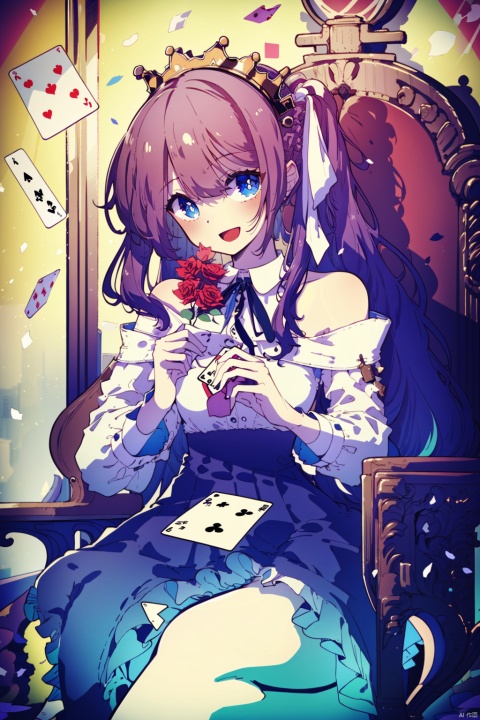  (best quality),(masterpiece),1girl, long_hair, playing_card, cup, crown, card, sitting, braid, very_long_hair, blue_eyes, flower, red_hair, dress, solo, petals, looking_at_viewer, smile, heart, detached_sleeves, rose, ribbon, spade_\(shape\), holding, open_mouth, holding_cup, breasts, hair_ribbon, red_flower, throne,hair_ornament, :d, ace_\(playing_card\), black_dress, bare_shoulders