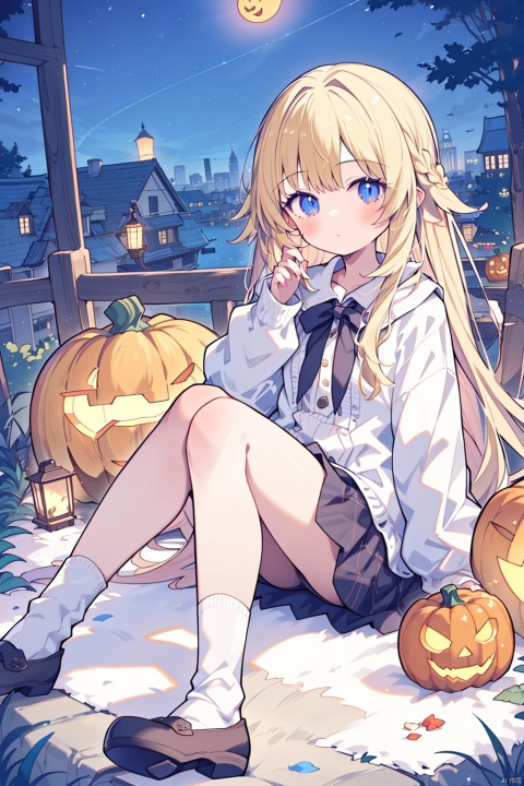  (best quality), (masterpiece),1girl, solo, long_hair, blonde_hair, sitting, socks, pumpkin, lantern
