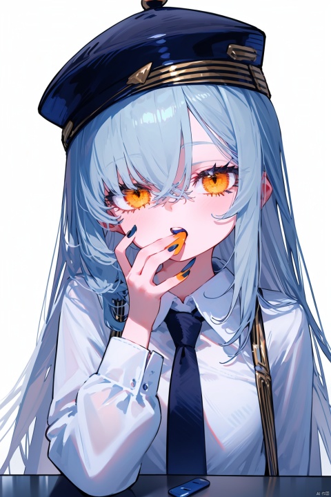  1girl, solo, best quality, white background, simple background, looking at viewer, tongue out, orange eyes, yellow eyes, hair between eyes, grey hair, multicolored hair, bangs, white shirt, collared shirt, hat, black necktie, long sleeves, nail polish, orange nails, yellow nails, blue nails, black nails, hand up