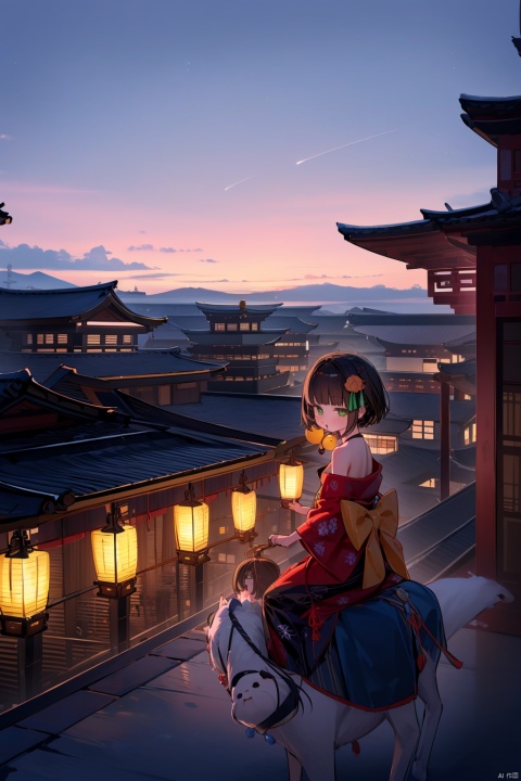 multiple_girls, east_asian_architecture, architecture, outdoors, brown_hair, multiple_boys, lantern, sky, 6+girls, green_eyes, short_hair, japanese_clothes, bare_shoulders, looking_at_viewer, kimono, cloud, off_shoulder, hair_ornament, paper_lantern, sitting, festival, riding, sunset, blush, looking_back, finger_to_mouth, :o, building, pagoda