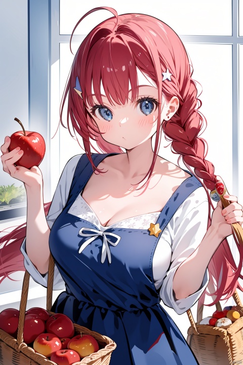 1girl, nakano itsuki, food, fruit, apple, breasts, holding food, long hair, blue eyes, solo, basket, holding, ahoge, star \(symbol\), holding fruit, hair ornament, red hair, star hair ornament, cleavage, looking at viewer, braid, bangs, apron, bow, eating, red bow, large breasts, holding basket, dress, food on face, closed mouth, white apron, red apple