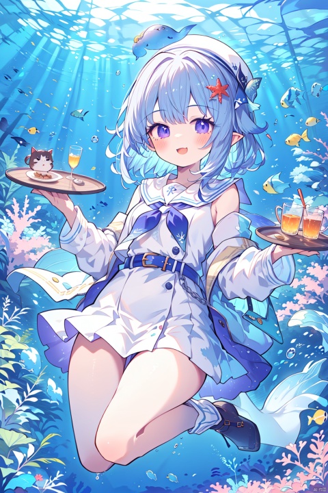  (best quality),(masterpiece),food, 1girl, underwater, hat, air_bubble, one_eye_closed, brown_hair, bubble, solo, plate, fish, holding, smile, blue_headwear, mermaid, purple_eyes, monster_girl, belt, chain, open_mouth, looking_at_viewer, coral, tray, ;d, neckerchief, sailor_collar, skirt, copyright_notice, company_name, long_sleeves, beret