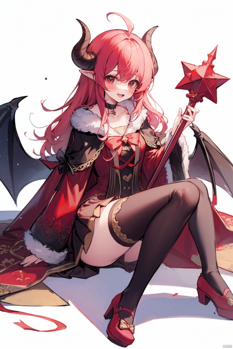  (best quality), (masterpiece),crown, 1girl, mini_crown, smile, thighhighs, long_sleeves, red_footwear, :d, open_mouth, holding, hair_between_eyes, pink_hair, frills, wings, horns, frilled_sleeves, solo, looking_at_viewer, stuffed_toy, sitting, stuffed_animal, choker, red_eyes, black_thighhighs, dress, fur_trim, long_hair,shoes, between_legs, staff, scepter, flower, collarbone, blush, red_cape, cape, wide_sleeves, demon_horns, ribbon, frilled_dress, holding_staff, demon_tail, hand_between_legs, sleeves_past_wrists