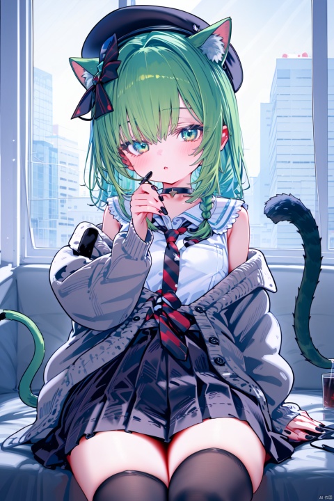  (masterpiece),(best quality),1girl, animal ears, skirt, solo, tail, thighhighs, cat ears, shirt, open clothes, looking at viewer, sitting, long hair, white shirt, hair bow, indoors, cat tail, twin braids, pleated skirt, black skirt, black headwear, black thighhighs, bow, black choker, black bow, hat, aqua hair, choker, bangs, sailor collar, long sleeves, necktie, braid, blush, green eyes, hand up, school uniform, cardigan, cat girl, off shoulder, animal ear fluff, sleeveless, red necktie, nail polish, open cardigan, plant, twintails, window, serafuku, grey cardigan, hair between eyes, hair ornament, parted lips, black nails, cowboy shot, zettai ryouiki, thighs