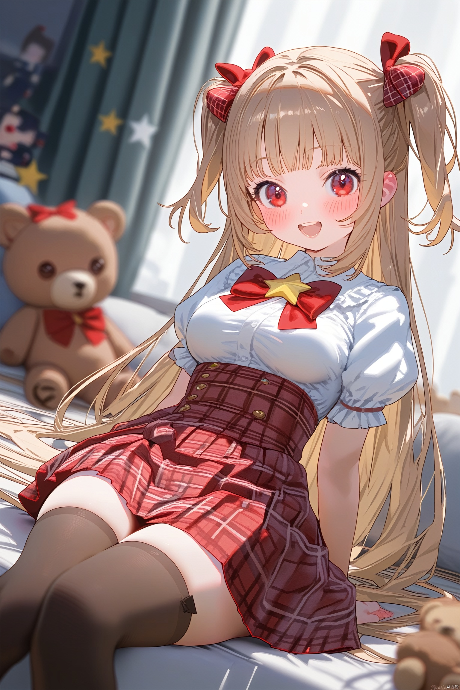 1girl, solo, puffy short sleeves, skirt, thighhighs, long hair, bow, smile, short sleeves, white shirt, puffy sleeves, shirt, red skirt, red eyes, :d, hair bow, two side up, sitting, red bow, teddy bear, open mouth, plaid, stuffed animal, stuffed toy, brown thighhighs, brown hair, star \(symbol\), plaid skirt, breasts, high-waist skirt, very long hair, looking at viewer, blurry foreground, blush, depth of field, medium breasts, pleated skirt, black thighhighs, curtains, twitter username, dutch angle, blurry, light brown hair, indoors