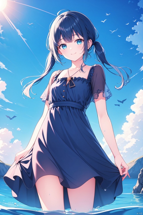  (masterpiece),(best quality),1girl, sky, solo, sun, dress, cloud, water, long hair, blue sky, wading, black hair, looking at viewer, bird, blue dress, blue eyes, smile, jewelry, twintails