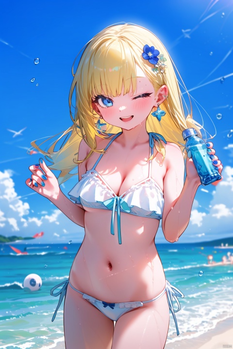 1girl, solo, swimsuit, outdoors, ramune, breasts, bottle, bikini, one eye closed, hair ornament, long hair, flower, blue eyes, hair flower, looking at viewer, smile, blonde hair, day, holding, jewelry, open mouth, holding bottle, cleavage, white bikini, navel, medium breasts, blurry, cloud, ocean, blue nails, earrings, frills, sky, halterneck,, frilled bikini, collarbone, ;d,blue sky, nail polish, cowboy shot, bare shoulders, string bikini, beach, depth of field, stomach, blush, blurry background, water, water bottle