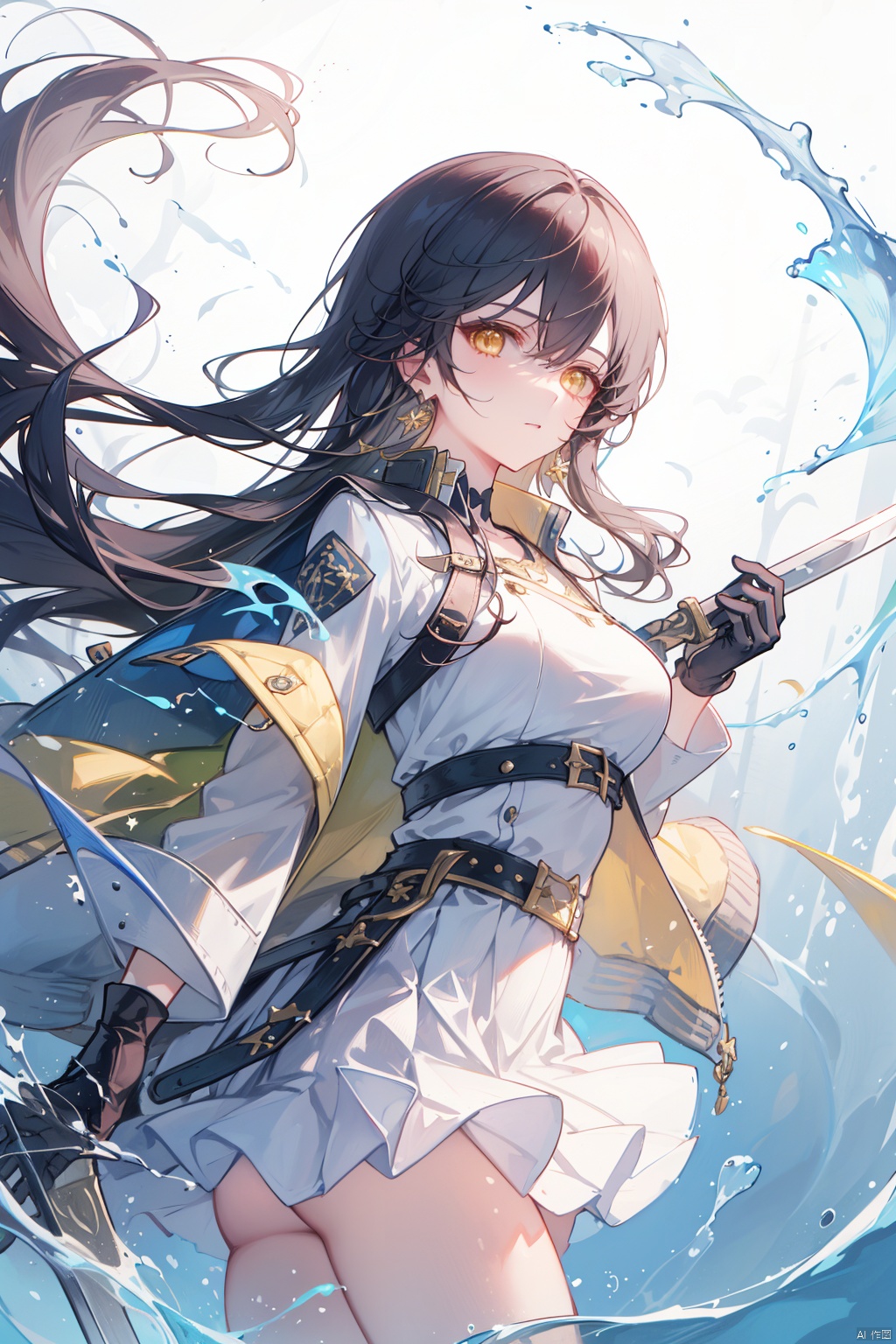 1girl, solo, weapon, holding, long hair, gloves, holding weapon, black gloves, sword, skirt, white skirt, earrings, jewelry, looking at viewer, holding sword, water, yellow eyes, jacket, sheath, white jacket, floating hair, cowboy shot, white background, thigh strap, belt, pleated skirt, breasts