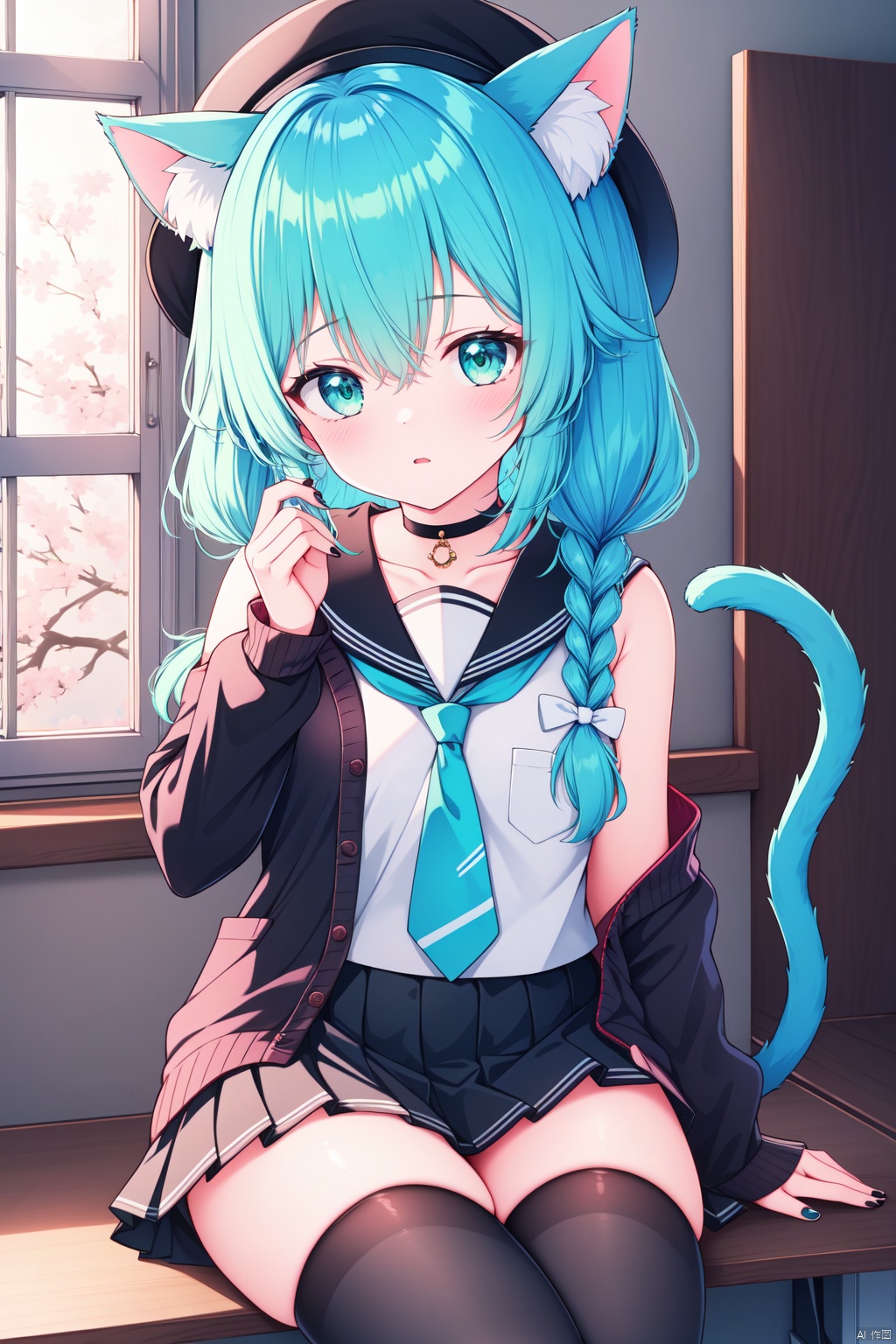  (masterpiece),(best quality),1girl, animal ears, skirt, solo, tail, thighhighs, cat ears, shirt, open clothes, looking at viewer, sitting, long hair, white shirt, hair bow, indoors, cat tail, twin braids, pleated skirt, black skirt, black headwear, black thighhighs, bow, black choker, black bow, hat, aqua hair, choker, bangs, sailor collar, long sleeves, necktie, braid, blush, green eyes, hand up, school uniform, cardigan, cat girl, off shoulder, animal ear fluff, sleeveless, red necktie, nail polish, open cardigan, plant, twintails, window, serafuku, grey cardigan, hair between eyes, hair ornament, parted lips, black nails, cowboy shot, zettai ryouiki, thighs