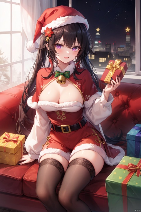 boo_tao_(genshin_impact), hu_tao_(genshin_impact), qiqi_(genshin_impact), ganyu_(genshin_impact), gift, thighhighs, purple_eyes, 3girls, christmas, multiple_girls, ghost, horns, long_hair, hair_ornament, bell, box, blue_hair, red_eyes, sidelocks, gift_box, christmas_tree, neck_bell, breasts, sitting, hat, ahoge, brown_hair, detached_sleeves, red_capelet, nail_polish, shorts, hair_flower, >_<, red_dress, dress, purple_hair, flower, couch, black_thighhighs, looking_at_viewer, indoors, alternate_costume, smile, open_mouth, merry_christmas, blush, coin_hair_ornament, belt, fur_trim, brown_thighhighs, twintails, bow, symbol-shaped_pupils, on_couch, flower-shaped_pupils, holding, green_bow, window, very_long_hair, hair_between_eyes, goat_horns, black_nails, large_breasts, santa_dress, zettai_ryouiki, black_shorts, white_thighhighs, christmas_present, bodystocking, santa_costume, braid, capelet, blue_nails, fur-trimmed_capelet, medium_breasts, red_flower, santa_hat, star_(symbol), ofuda, skirt, thighs