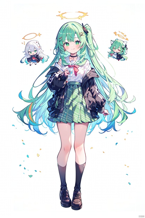  (best quality),(masterpiece),1girl, green eyes, halo, solo, multicolored hair, white background, holding, full body, long hair, green hair, simple background, black footwear, disposable cup, open clothes, skirt, very long hair, hair ornament, bangs, hairclip, long sleeves, smile, shoes, white shirt, holding cup, jacket, standing, shirt, looking at viewer, streaked hair, puffy long sleeves, choker, green skirt, closed mouth, open jacket, socks, black choker, puffy sleeves, collared shirt, cup, off shoulder, tongue out, white socks, black bow, pleated skirt, dress, green jacket, ponytail, one side up