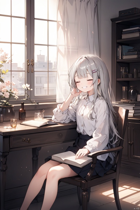 closed eyes, 1girl, solo, book, smile, long hair, indoors, hair ornament, window, long sleeves, open book, hairclip, curtains, shirt, desk, blush, sitting, jar, grin, bottle, grey hair