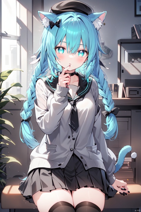  (masterpiece),(best quality),1girl, animal ears, skirt, solo, tail, thighhighs, cat ears, shirt, open clothes, looking at viewer, sitting, long hair, white shirt, hair bow, indoors, cat tail, twin braids, pleated skirt, black skirt, black headwear, black thighhighs, bow, black choker, black bow, hat, aqua hair, choker, bangs, sailor collar, long sleeves, necktie, braid, blush, green eyes, hand up, school uniform, cardigan, cat girl, off shoulder, animal ear fluff, sleeveless, red necktie, nail polish, open cardigan, plant, twintails, window, serafuku, grey cardigan, hair between eyes, hair ornament, parted lips, black nails, cowboy shot, zettai ryouiki, thighs